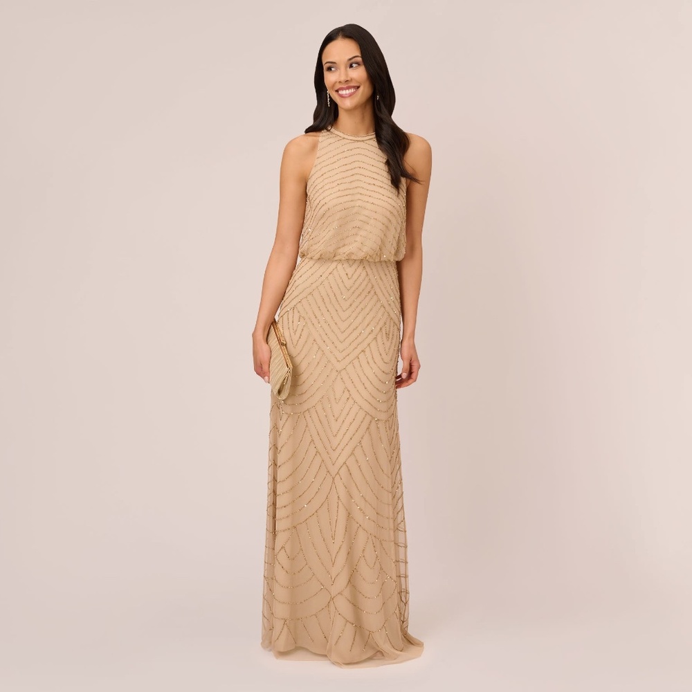 Adrianna Papell Art Deco Beaded Blouson Dress With Halter Neckline In Champagne